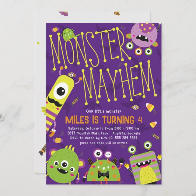 Monster Mayhem Birthday Party Invitation (Front/Back)