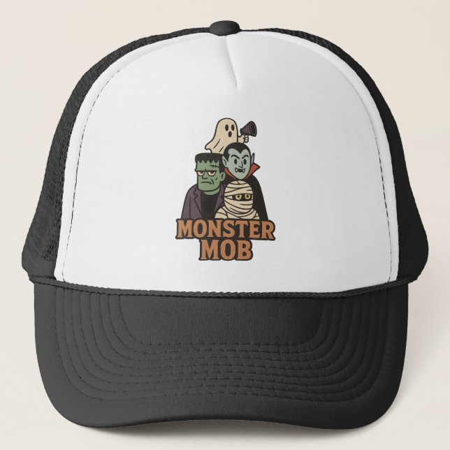 Monster Mob Frankenstein Dracula Mummy Ghost Trucker Hat (Front)