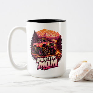 Monster Mum Pink Flame Monster Truck Off Road Mum Two-Tone Coffee Mug