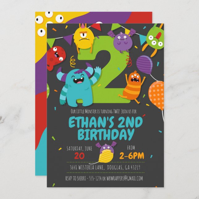 Monster Party Invitation, Monster Boy Invitation (Front/Back)
