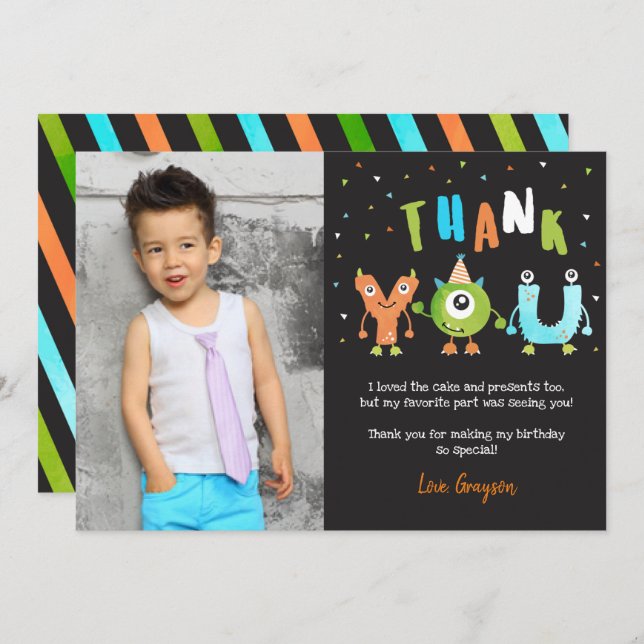 Monster Photo Birthday Party Thank You Cards (Front/Back)