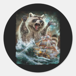 Monster Racoon As Kraken Attack A War Ship At Hig Classic Round Sticker