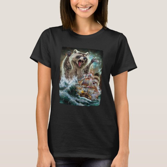 Monster Racoon as Kraken Attack a War Ship at Hig T-Shirt (Front)