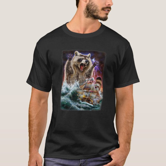 Monster Racoon As Kraken Attack A War Ship At Hig T-Shirt (Front)