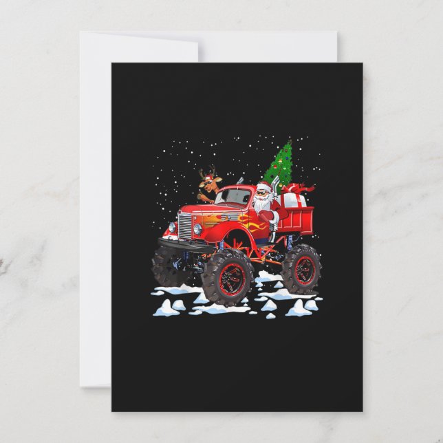 Monster Red Truck With Santa, Christmas Tree, Rein Invitation (Front)