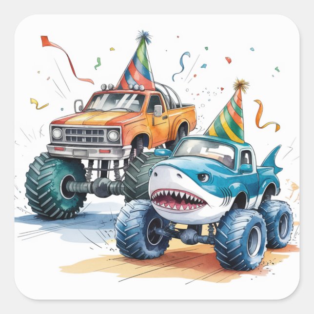 Monster Shark Truck Birthday Bash watercolor Square Sticker (Front)