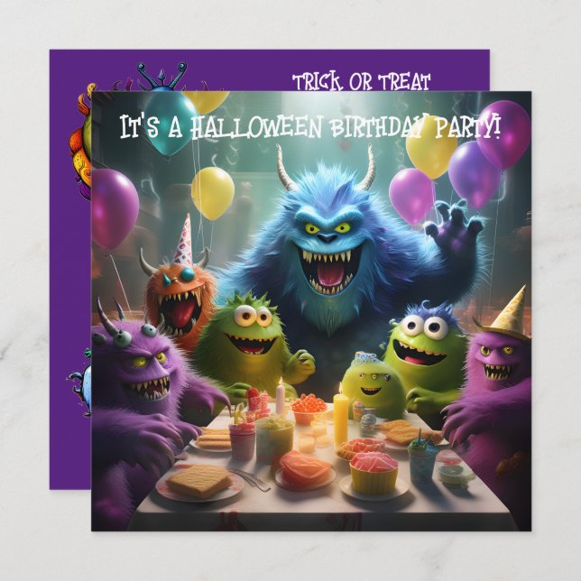Monster Theme Kids Halloween Birthday Party Invitation (Front/Back)