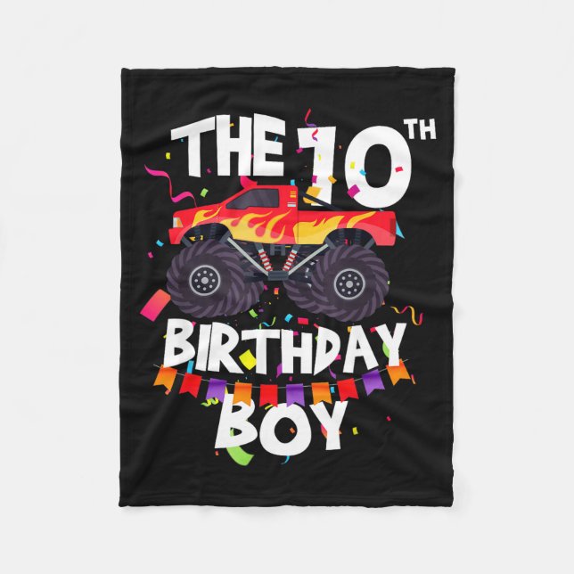 Monster Truck 10th Birthday Boy Funny 10 Years Old Fleece Blanket (Front)