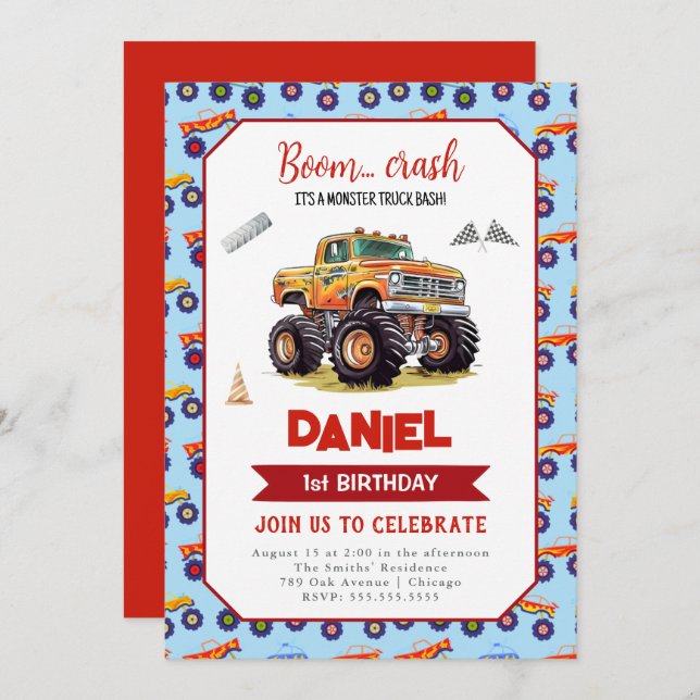 Monster Truck 1st Birthday Invitation (Front/Back)