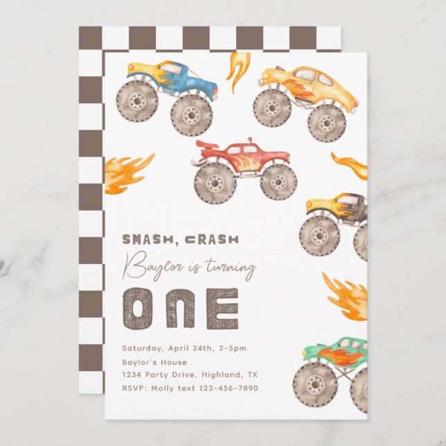 Monster Truck 1st Birthday Invitation | Trucks (Front/Back)