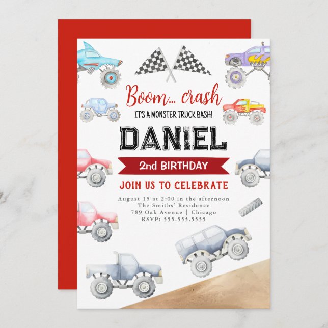 Monster Truck 2nd Birthday Invitation (Front/Back)