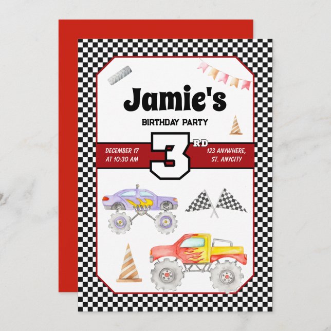 Monster Truck 3rd Birthday Invitation (Front/Back)
