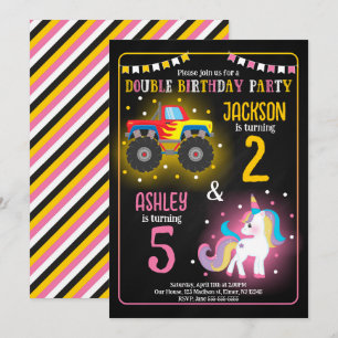 Monster Truck and Unicorn Siblings Joint Birthday Invitation
