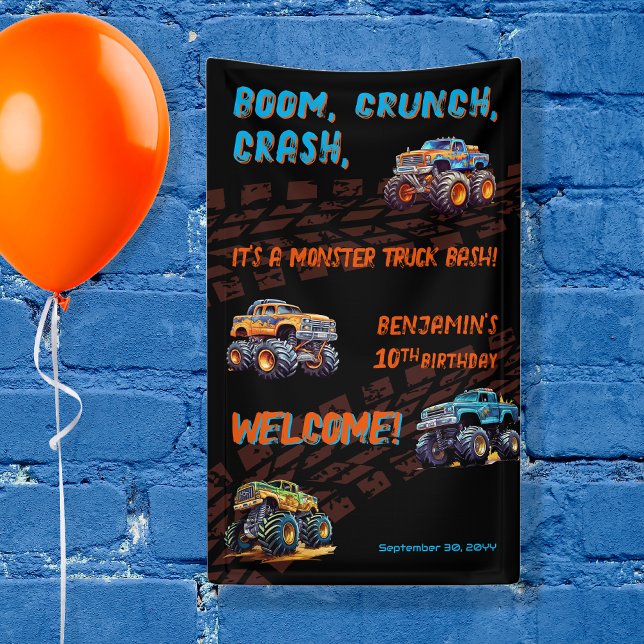 Monster Truck Bash Boy 10th Birthday Party Banner ("Boom, Crunch, Crash, It's A Monster Truck Bash" Boy's 10th Birthday Party 3' x 5' banner)