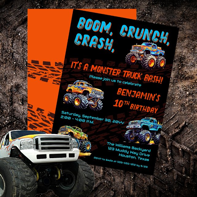 Monster Truck Bash Boy 10th Birthday Party Invitation ("Boom, Crunch, Crash, It's A Monster Truck Bash" Boy's 10th Birthday Party Invitation)