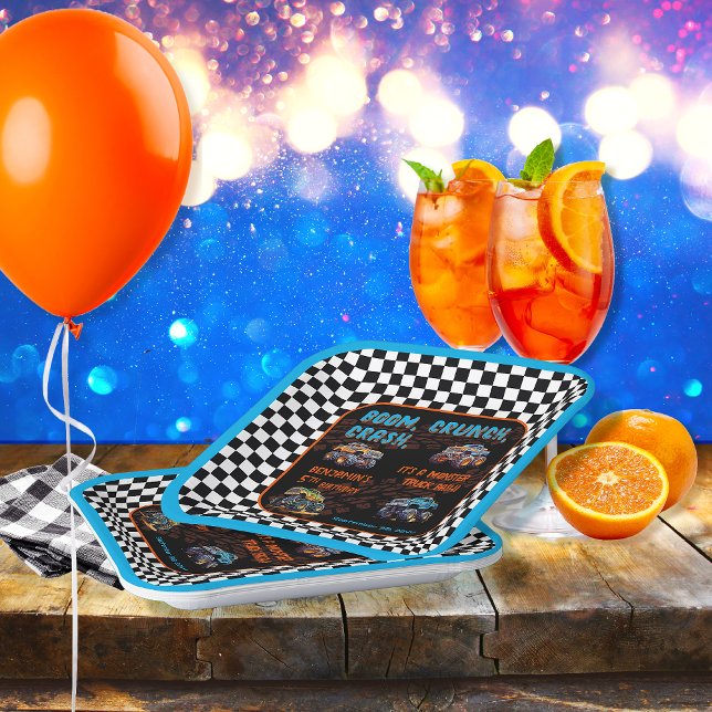 Monster Truck Bash Boy 5th Birthday Party Paper Plate ("Boom, Crunch, Crash, It's A Monster Truck Bash" Boy's 5th Birthday Party 9" Square Paper Plates)