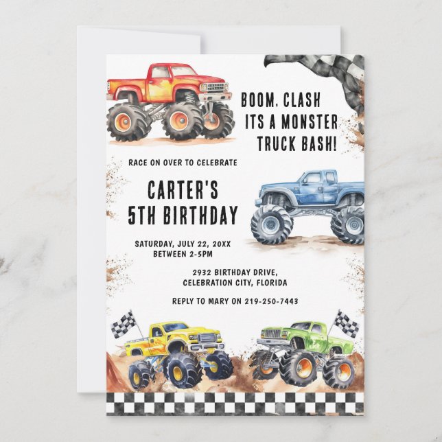 Monster Truck Bash Boy Birthday Invitation (Front)