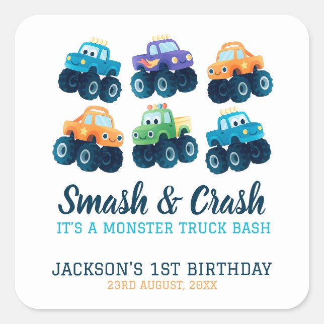 Monster Truck Bash Boys Birthday  Square Sticker (Front)