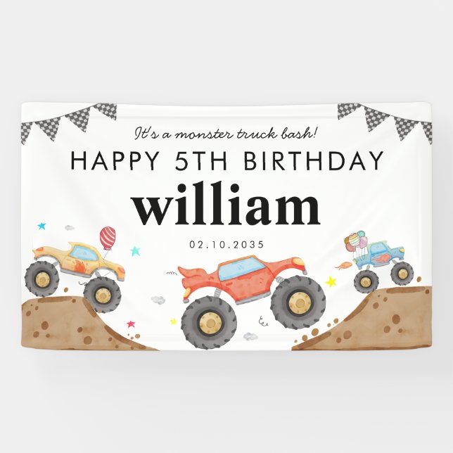 Monster Truck Bash Car Race Flags Birthday Welcome Banner (Horizontal)