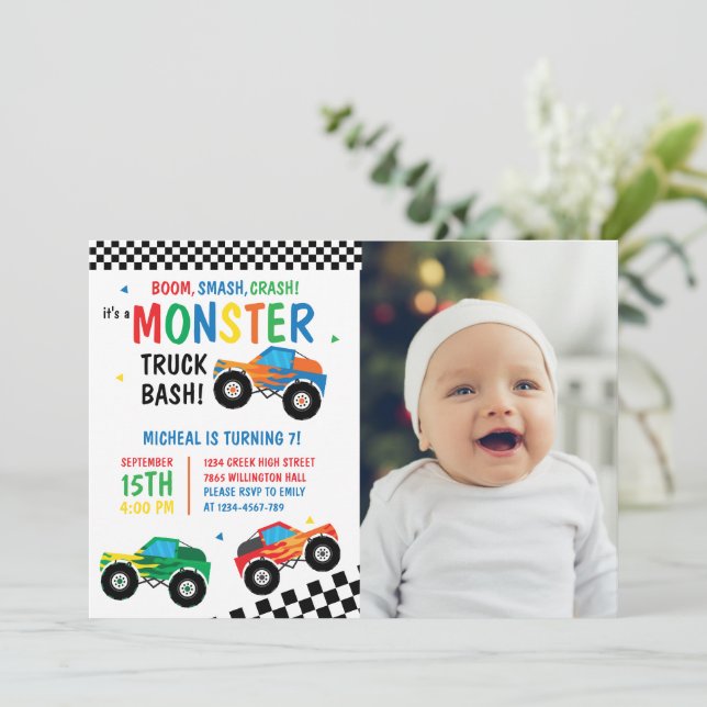 Monster Truck Bash Colourful Groovy Kids Birthday Invitation (Standing Front)