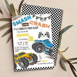 Monster truck bash cool modern kid 3rd birthday invitation