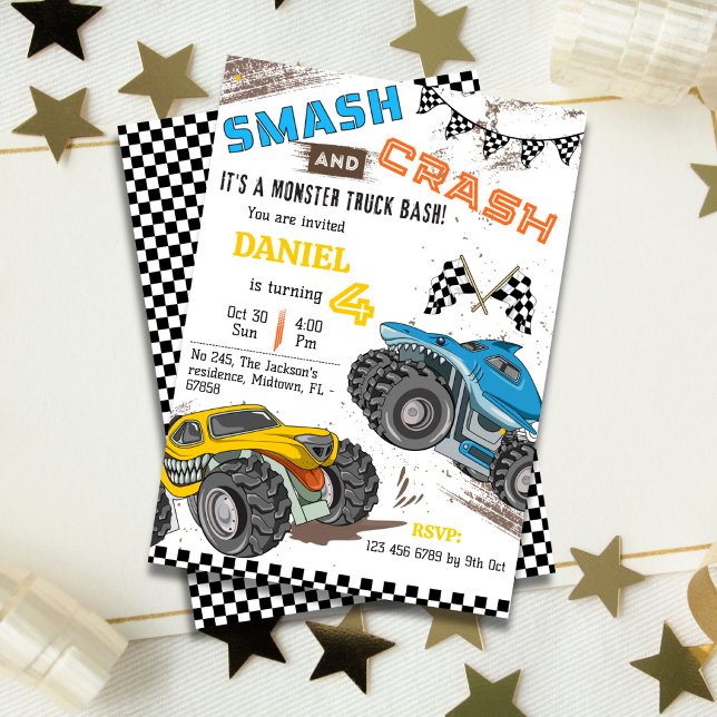 Monster truck bash cool modern kid 4th birthday invitation (Creator Uploaded)