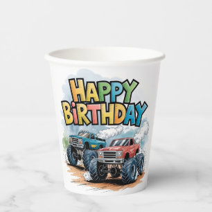 Monster Truck Birthday Bash Watercolor Art Paper Cups