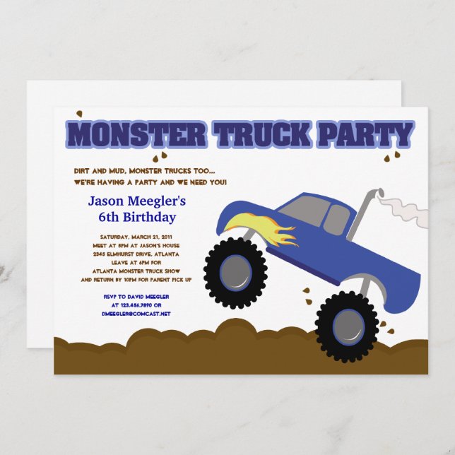 Monster Truck Birthday Blue Truck with Flames Invitation (Front/Back)