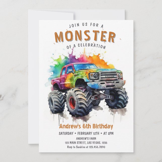  Monster Truck Birthday Invitation (Front)