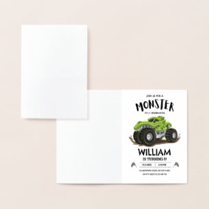 Monster Truck Birthday Invitation, Boys Birthday Foil Card