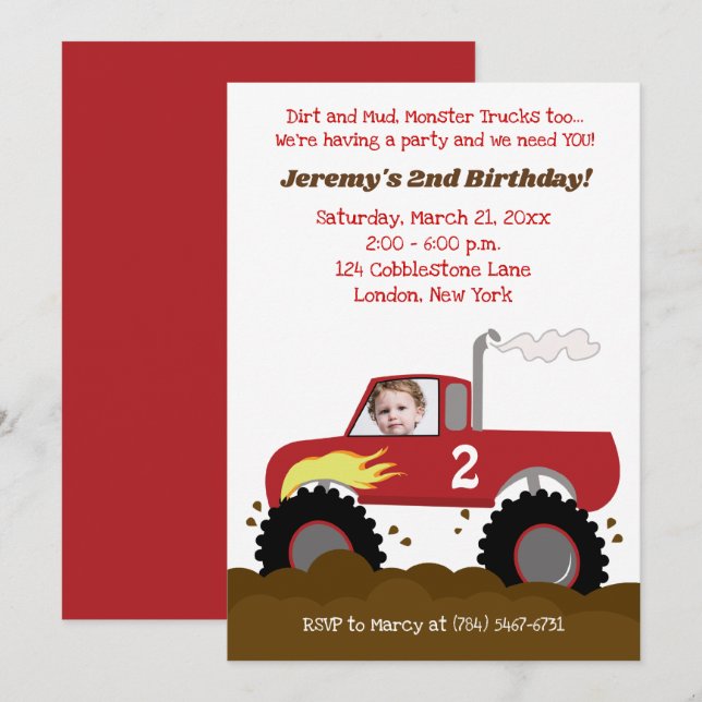 Monster Truck Birthday Invitation Red with Photo (Front/Back)