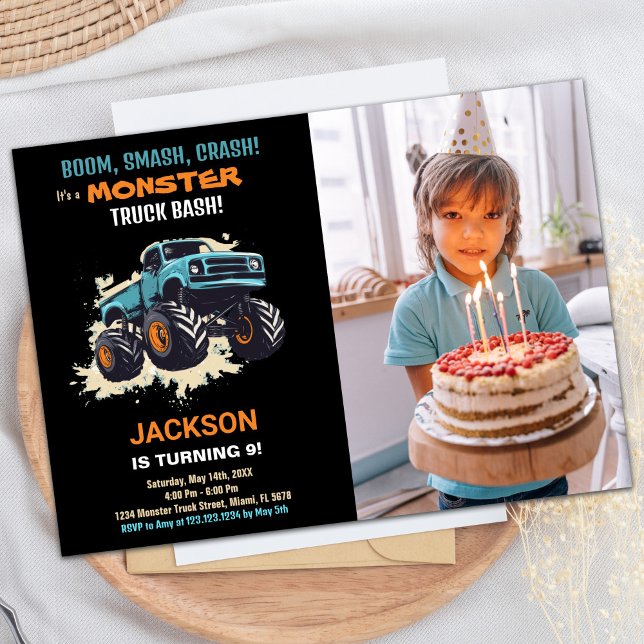 Monster Truck Birthday Invitations Black w photo (Monster Truck Birthday Invitations Black w photo)
