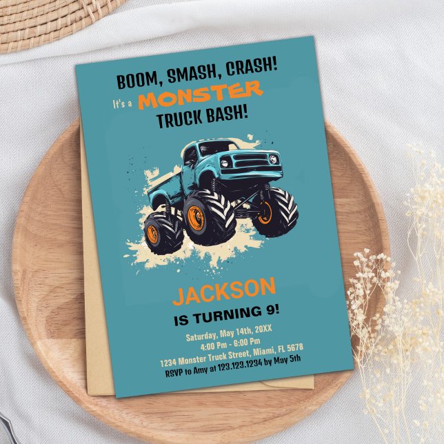 Monster Truck Birthday Invitations Blue (Monster Truck Birthday Invitations Blue)
