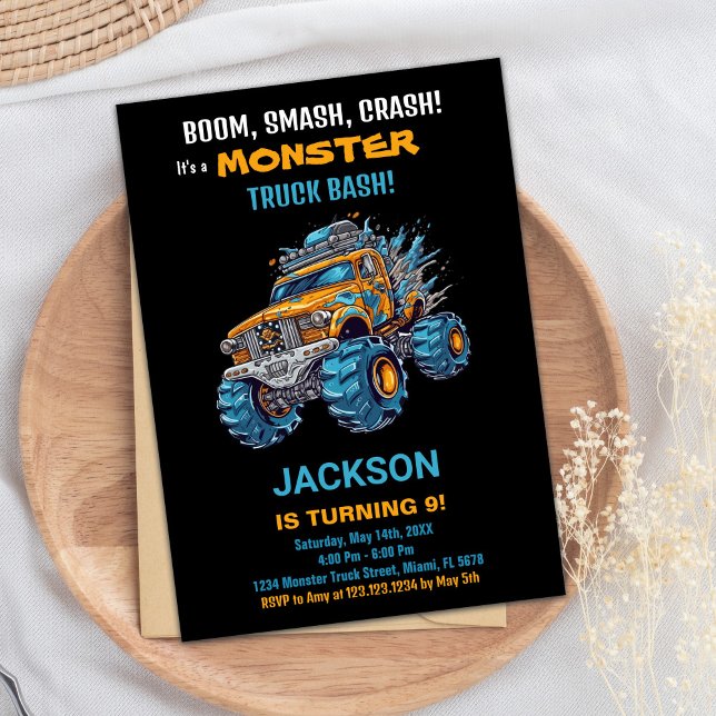 Monster Truck Birthday Invitations Blue Black (Monster Truck Birthday Invitations Blue Black)