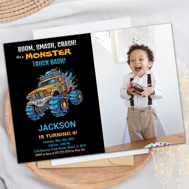 Monster Truck Birthday Invitations Blue Photo (Monster Truck Birthday Invitations Blue Photo)