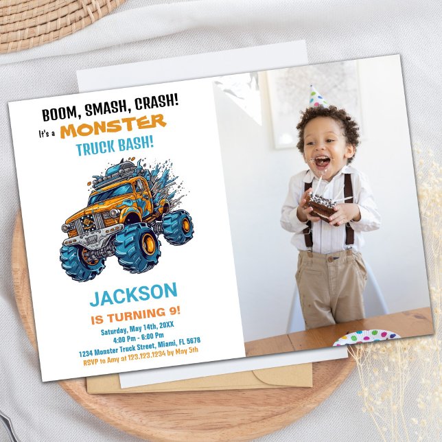 Monster Truck Birthday Invitations Blue Photo (Monster Truck Birthday Invitations Blue Photo)
