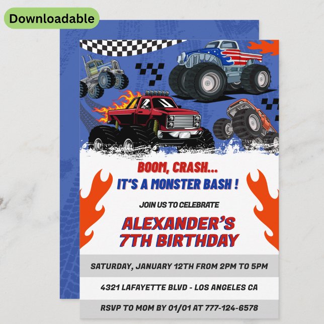 Monster truck birthday invitations Boom Crash (Creator Uploaded)