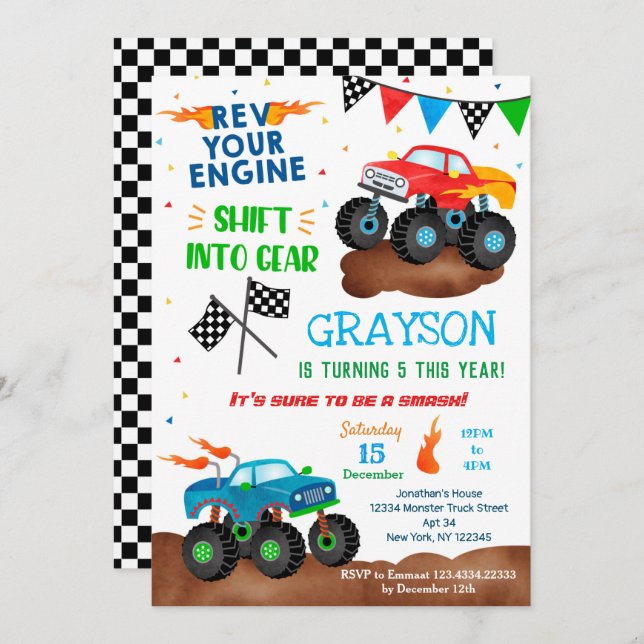 Monster Truck Birthday Invitations for boy  (Front/Back)