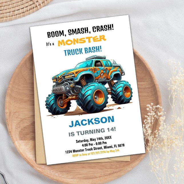 Monster Truck Birthday Invitations Green Blue (Monster Truck Birthday Invitations Green Blue)