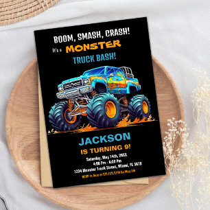 Monster Truck Birthday Invitations Orange Black BC
