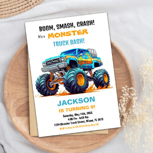Monster Truck Birthday Invitations Orange Blue