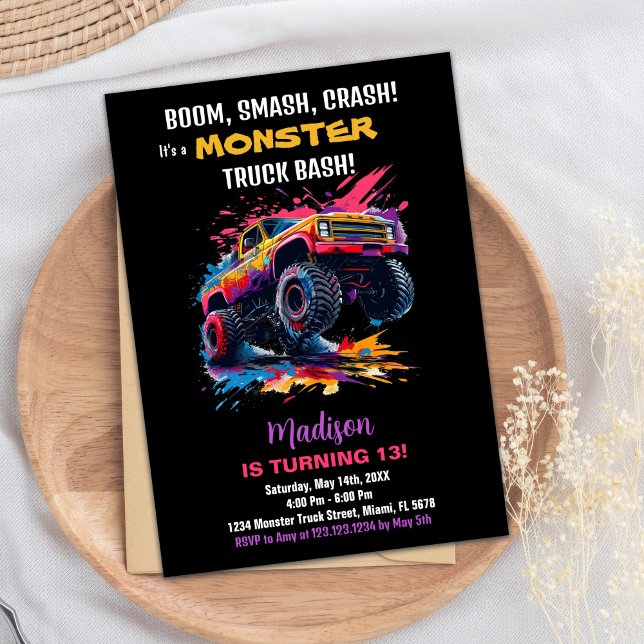Monster Truck Birthday Invitations Pink Black (Monster Truck Birthday Invitations Pink Black)