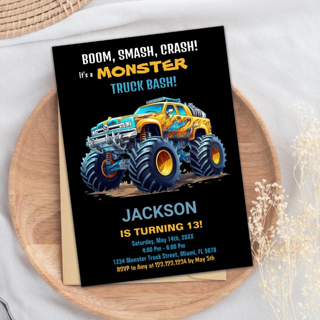 Monster Truck Birthday Invitations Yellow Black (Monster Truck Birthday Invitations Yellow Black)