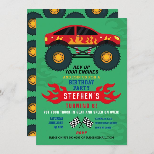 Monster Truck Birthday Party Flames Big Invite (Front/Back)