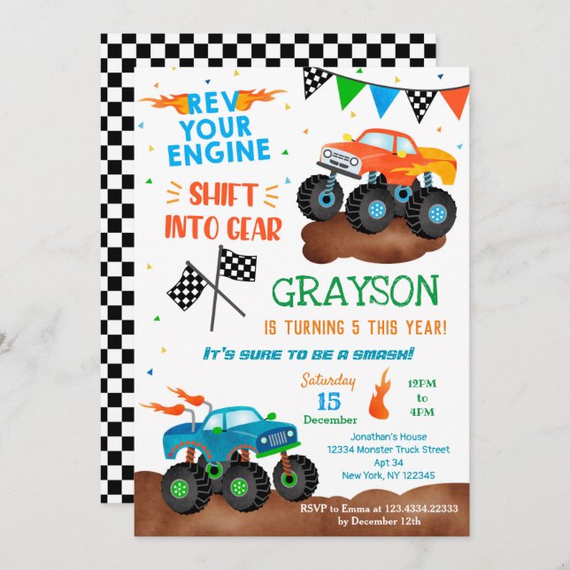 Monster Truck Birthday Party Invitations for boy  (Front/Back)