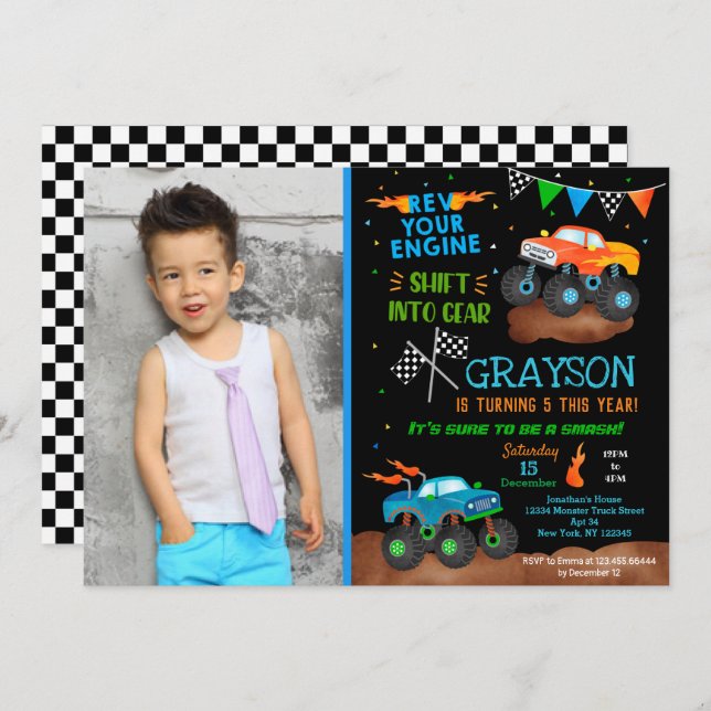 Monster Truck Birthday Party Invitations for boy  (Front/Back)