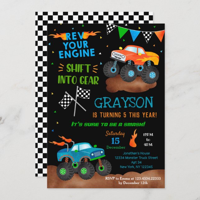 Monster Truck Birthday Party Invitations for boy  (Front/Back)