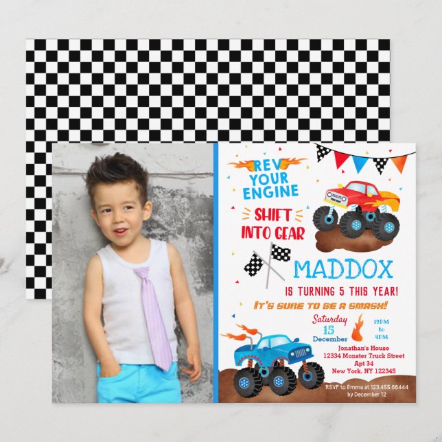 Monster Truck Birthday Party Invitations Photo (Front/Back)