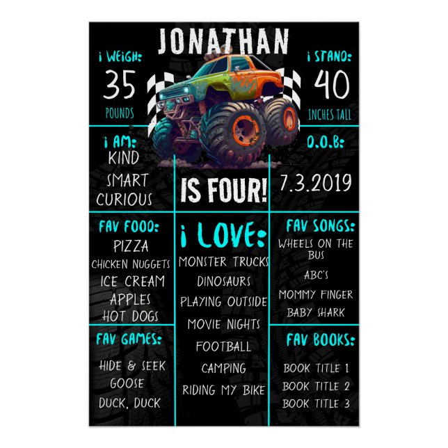 Monster Truck Birthday Party Milestone Sign  (Front)