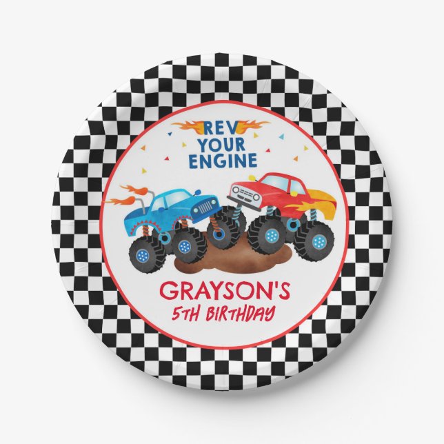 Monster Truck Birthday Party Paper Plates (Front)